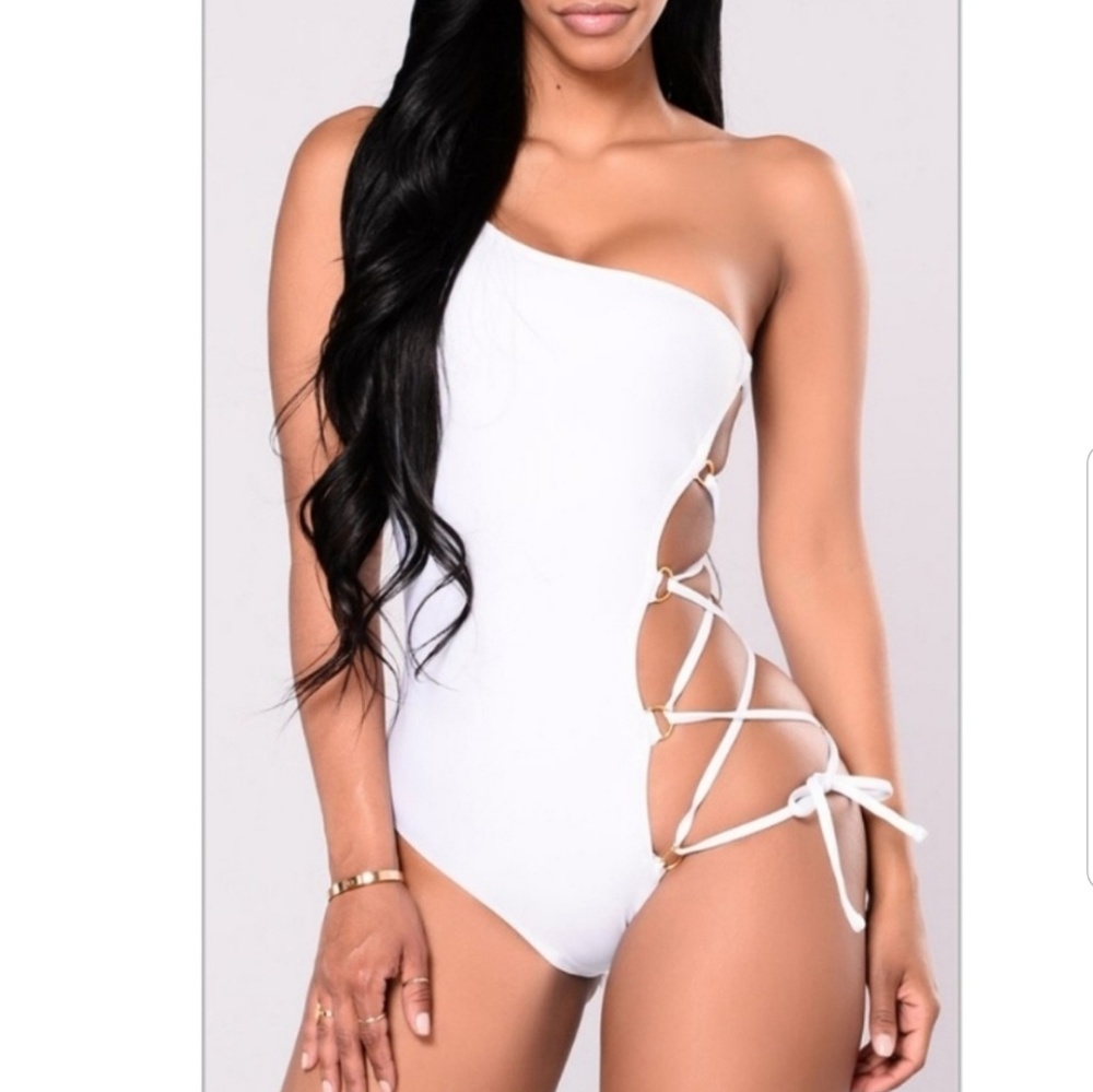 One Piece Swimsuit White Hot Lace Up Open Side